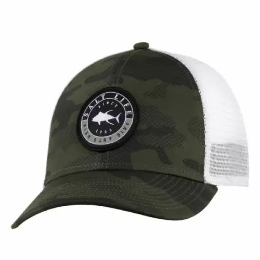 * Adult Salt Life Scaled Rogue Flexfit Hat Olive Camo Hats & Caps