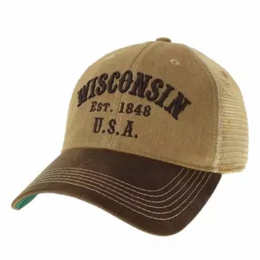 * Adult Legacy Wisconsin Visor Trucker Snapback Hat Khaki/Western Dark Brown Hats & Caps